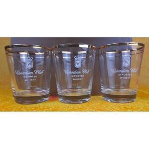 Set Of‎ 3 Canadian Club Whisky Low Ball Gold Rim Rock Glasses - 4.25" Tall